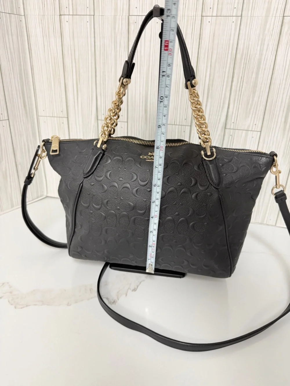 Coach Black Signature Debossed Leather Tote Chain Strap Crossbody Bag - Picture 9 of 16
